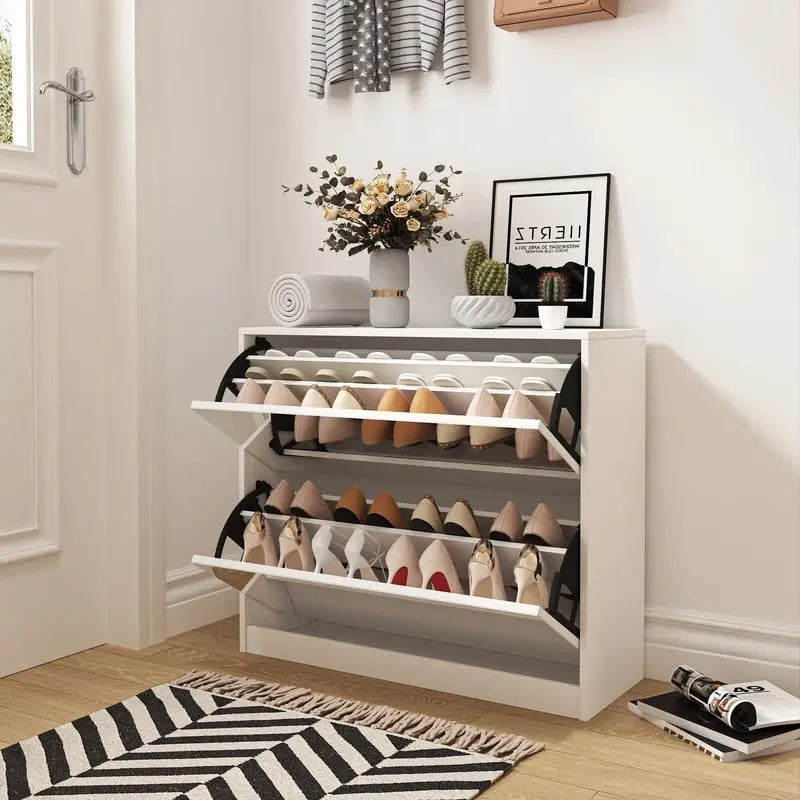 Meuble à chaussures à 2 colonnes avec portes basculantes et miroir pleine longueur