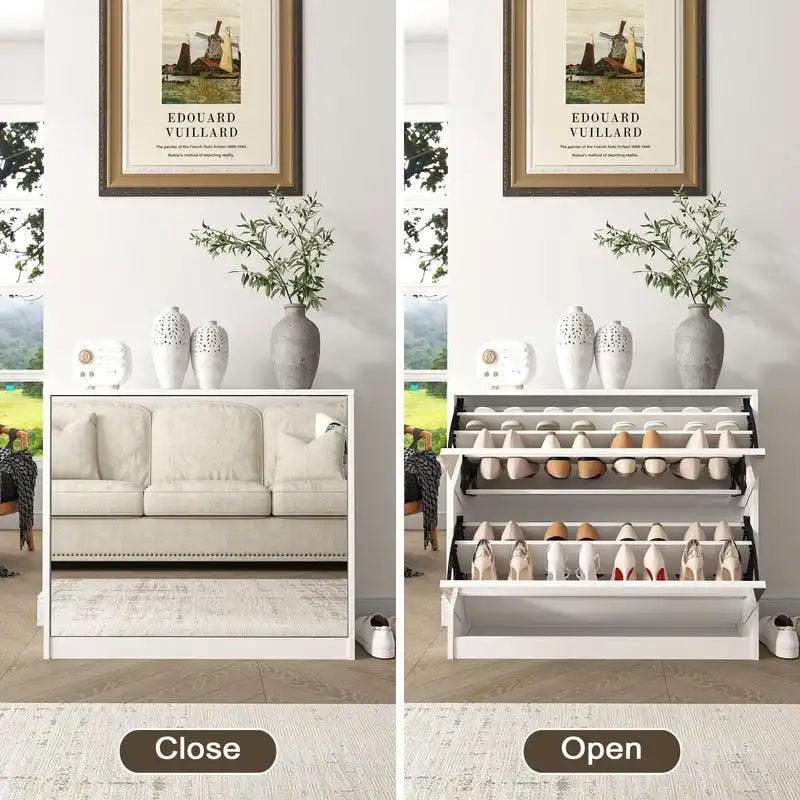 Meuble à chaussures à 2 colonnes avec portes basculantes et miroir pleine longueur