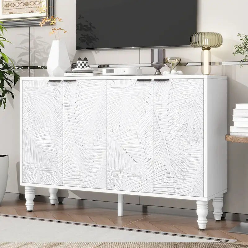 Buffet de 120 cm avec portes sculptées motif feuilles, étagères réglables et pieds en bois massif