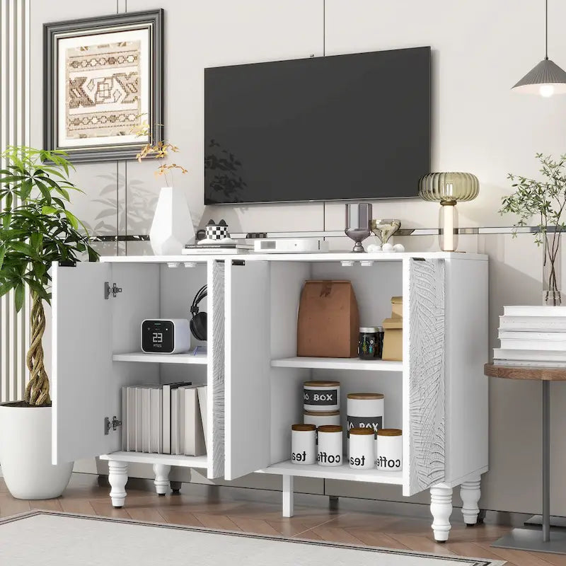 Buffet de 120 cm avec portes sculptées motif feuilles, étagères réglables et pieds en bois massif