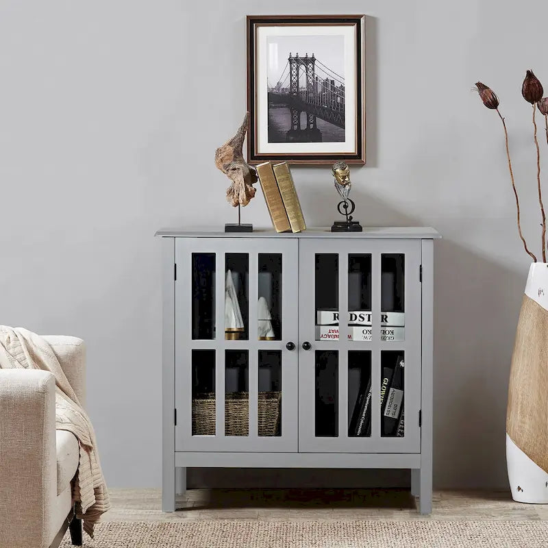 Buffet 2 portes en verre trempé avec étagères ouvertes