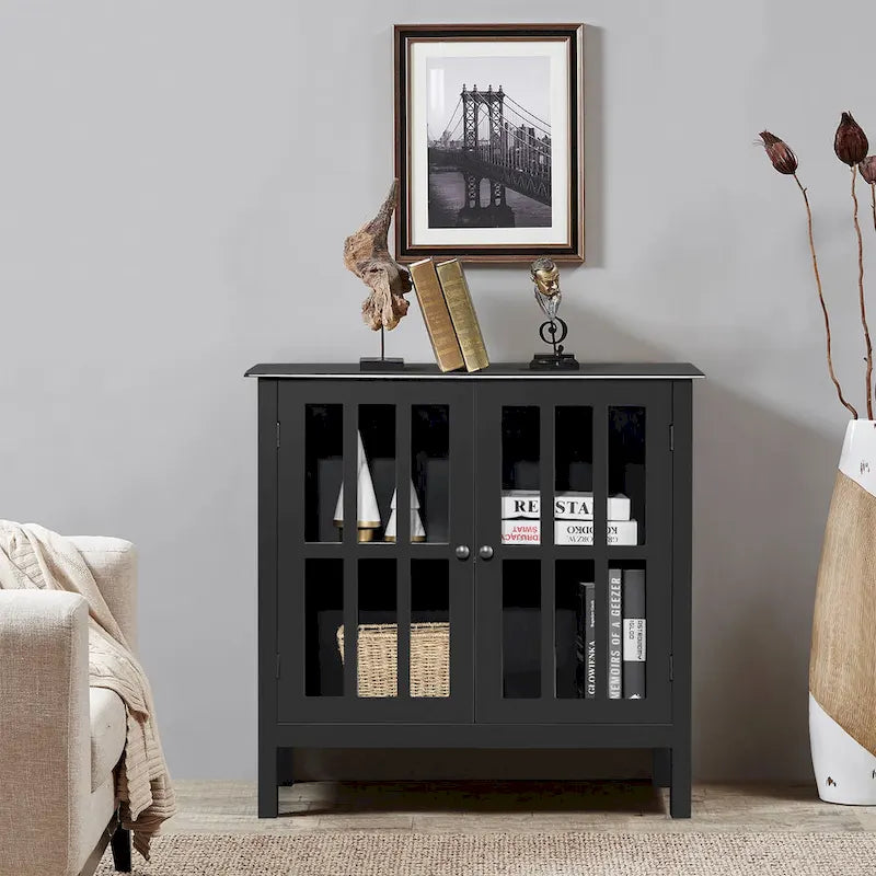 Buffet 2 portes en verre trempé avec étagères ouvertes