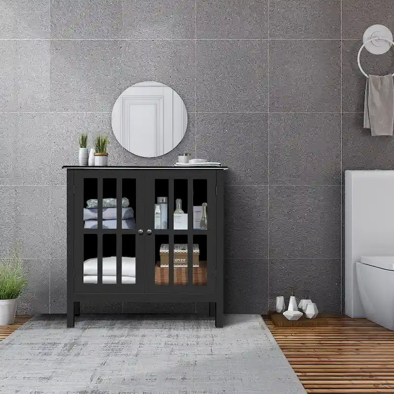 Buffet 2 portes en verre trempé avec étagères ouvertes