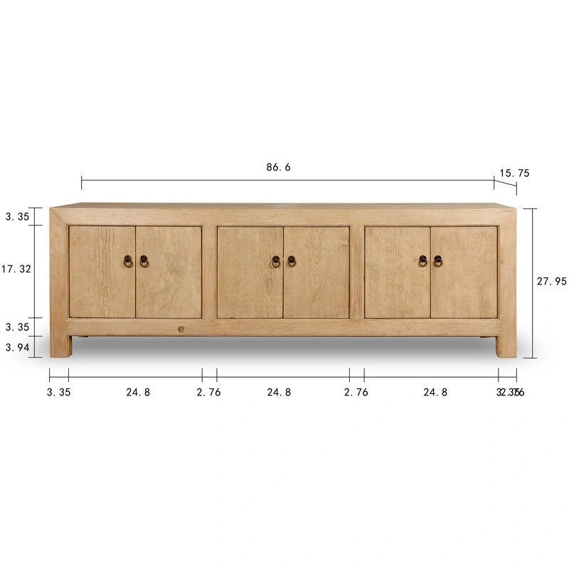 Meuble de rangement 6 portes en pin fait à la main de 221 cm avec fini patiné