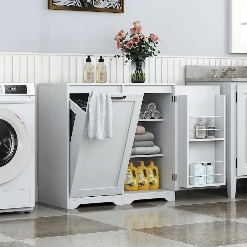 Meuble à linge autoportant avec panier inclinable et étagères réglables