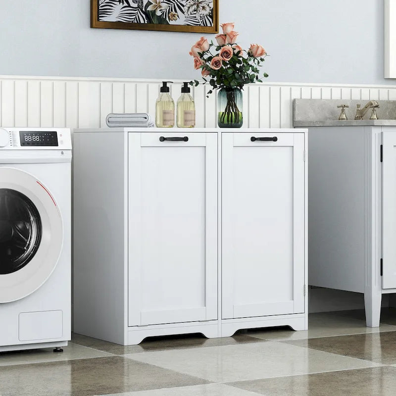Meuble à linge autoportant avec panier inclinable et étagères réglables