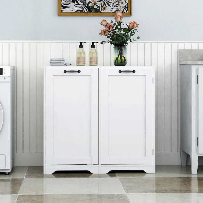 Meuble à linge autoportant avec panier inclinable et étagères réglables
