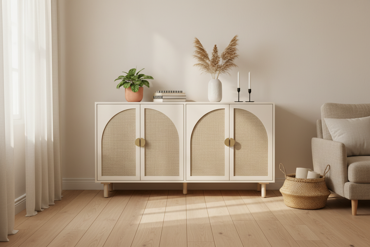 4-Door Rattan Sideboard in Natural Interior Scene
