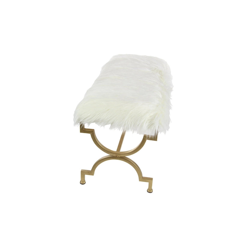 Banc en métal doré avec coussin en fausse fourrure blanche
