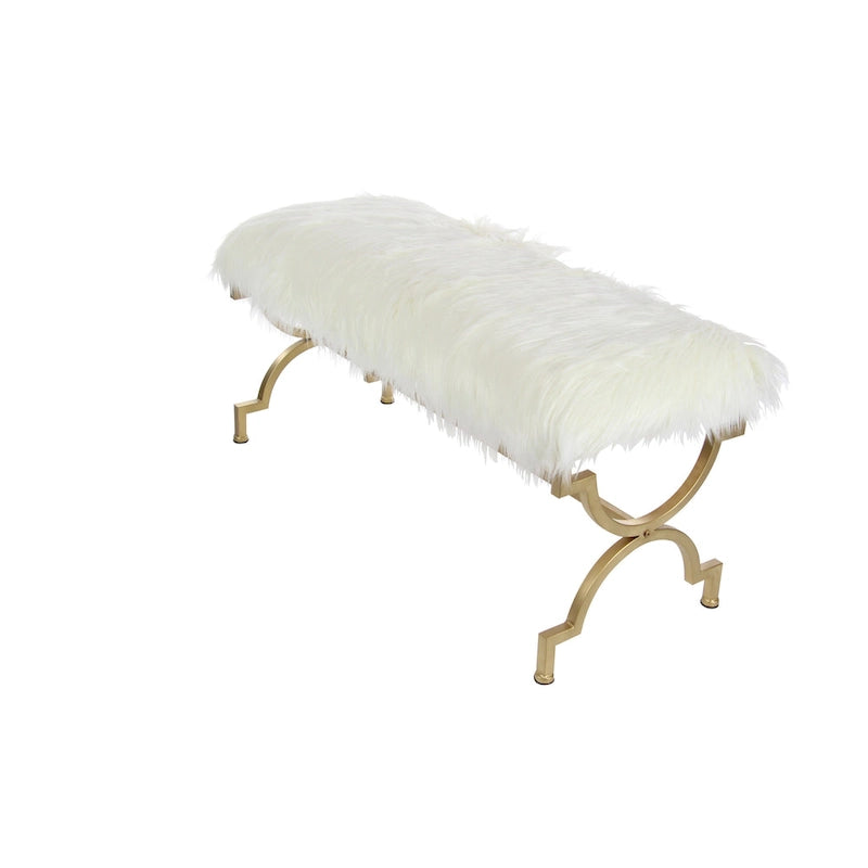 Banc en métal doré avec coussin en fausse fourrure blanche