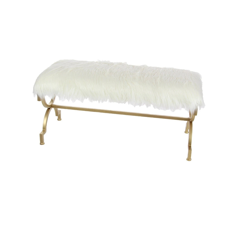 Banc en métal doré avec coussin en fausse fourrure blanche