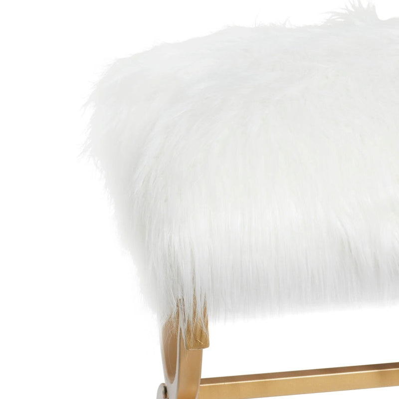 Banc en métal doré avec coussin en fausse fourrure blanche