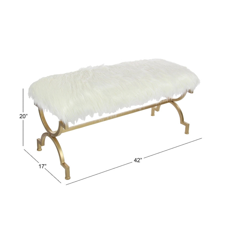 Banc en métal doré avec coussin en fausse fourrure blanche