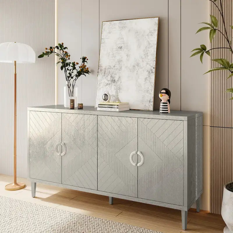 Armoire de rangement à 4 portes avec portes à lignes sculptées, poignées en alliage de zinc et pieds en pin