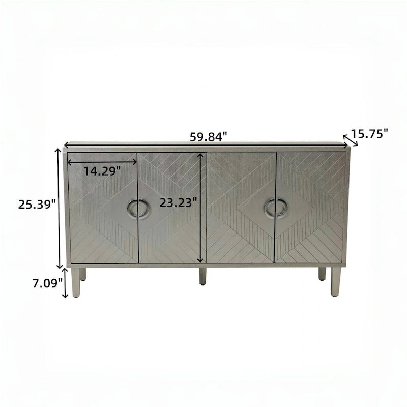 Armoire de rangement à 4 portes avec portes à lignes sculptées, poignées en alliage de zinc et pieds en pin