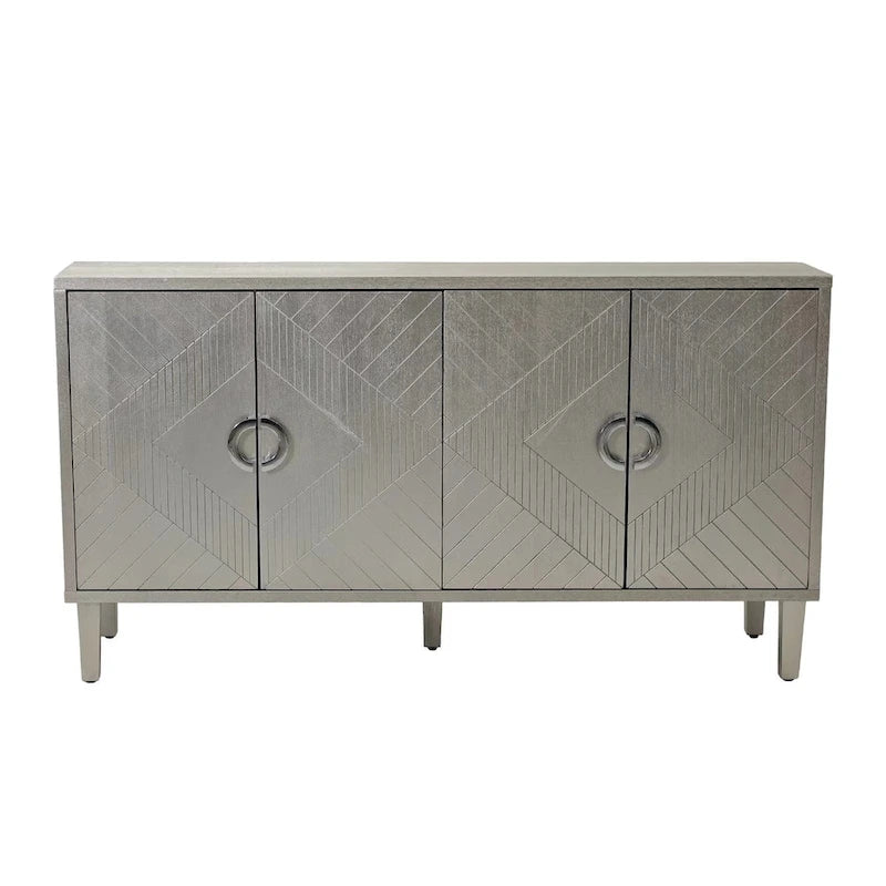 Armoire de rangement à 4 portes avec portes à lignes sculptées, poignées en alliage de zinc et pieds en pin