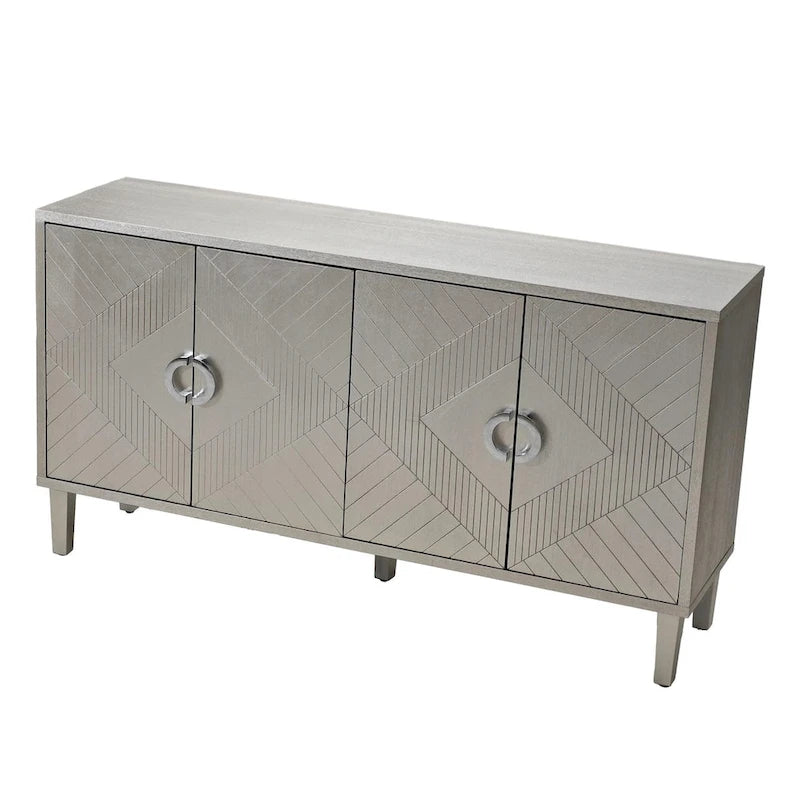 Armoire de rangement à 4 portes avec portes à lignes sculptées, poignées en alliage de zinc et pieds en pin