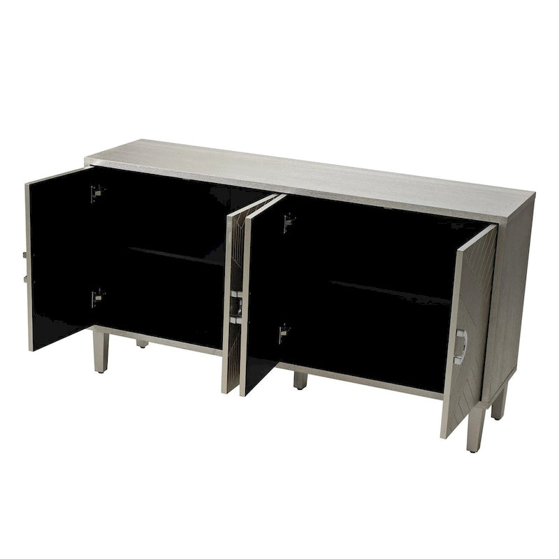 Armoire de rangement à 4 portes avec portes à lignes sculptées, poignées en alliage de zinc et pieds en pin