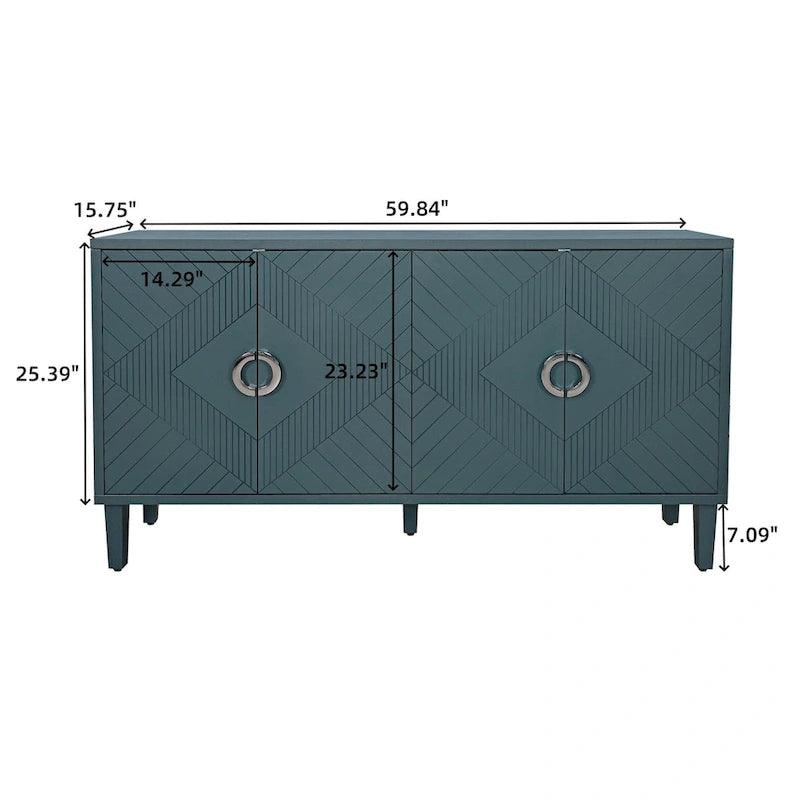 Armoire de rangement à 4 portes avec portes à lignes sculptées, poignées en alliage de zinc et pieds en pin