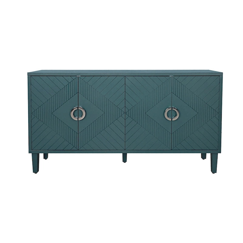 Armoire de rangement à 4 portes avec portes à lignes sculptées, poignées en alliage de zinc et pieds en pin