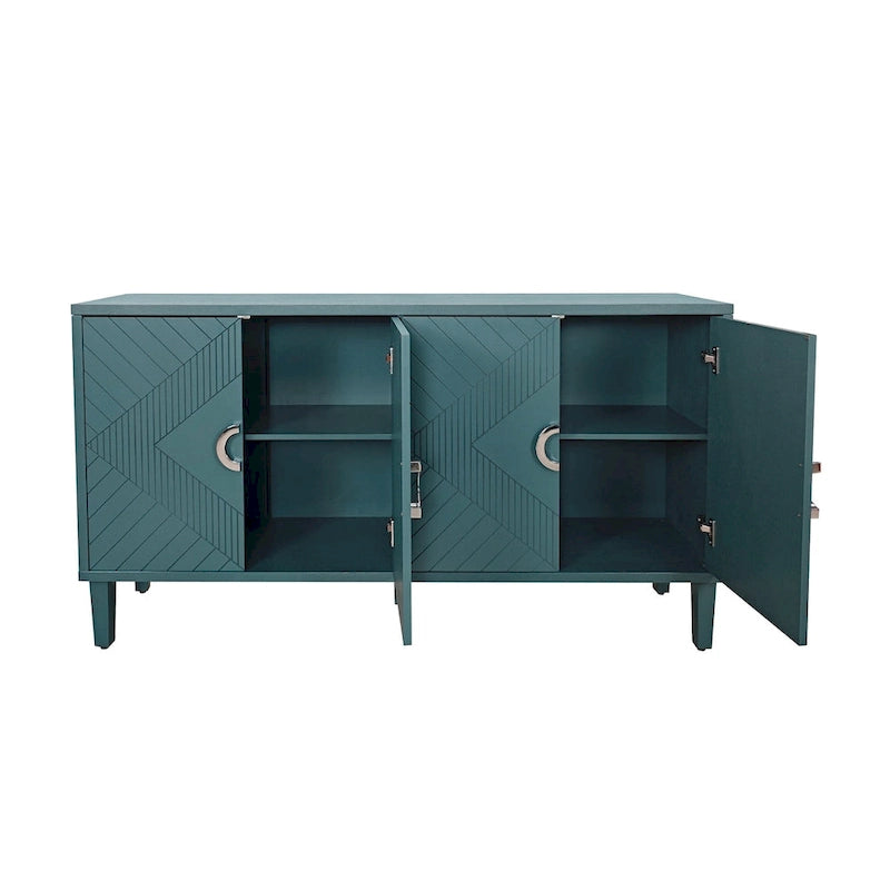 Armoire de rangement à 4 portes avec portes à lignes sculptées, poignées en alliage de zinc et pieds en pin