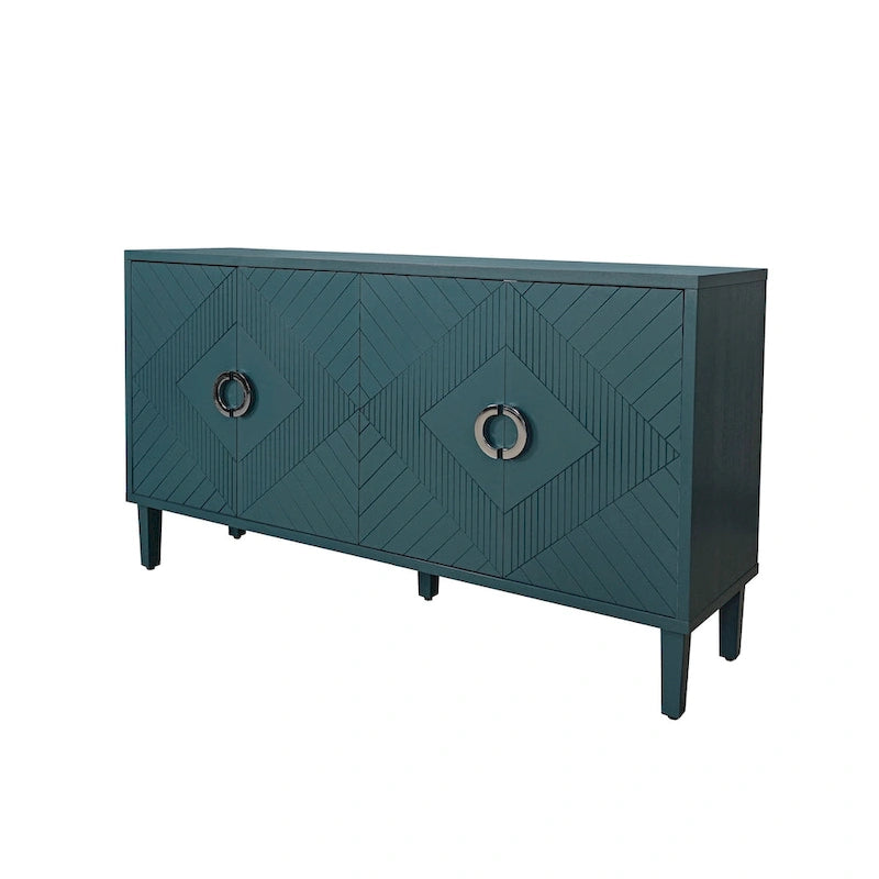 Armoire de rangement à 4 portes avec portes à lignes sculptées, poignées en alliage de zinc et pieds en pin