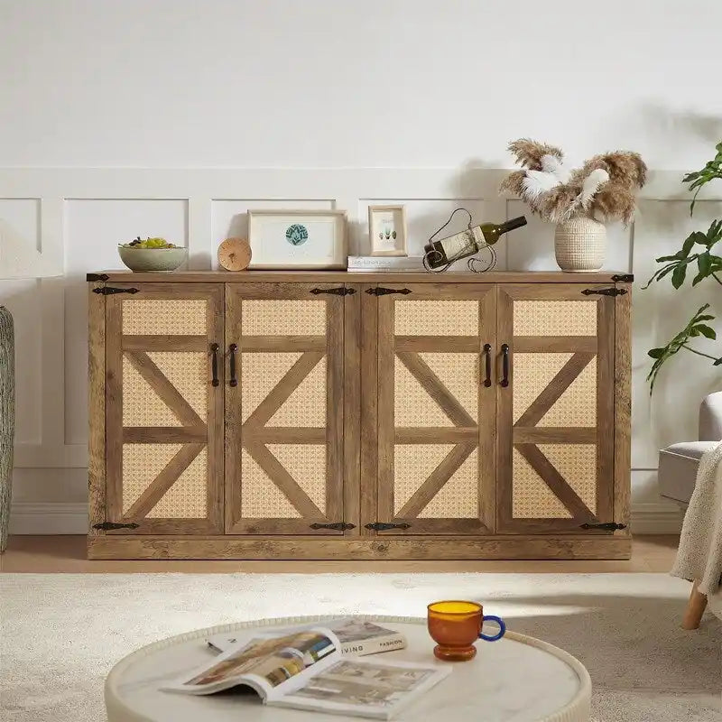 Bahut 65" à 4 portes effet rotin avec intérieur réglable à 3 niveaux