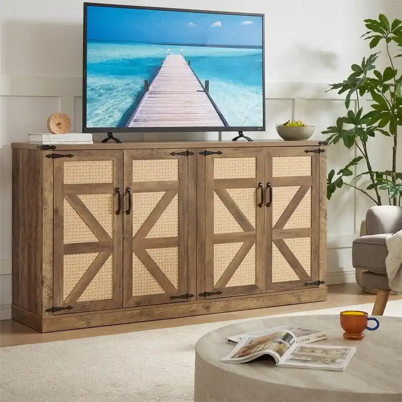 Bahut 65" à 4 portes effet rotin avec intérieur réglable à 3 niveaux