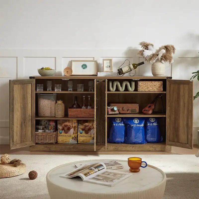 Bahut 65" à 4 portes effet rotin avec intérieur réglable à 3 niveaux
