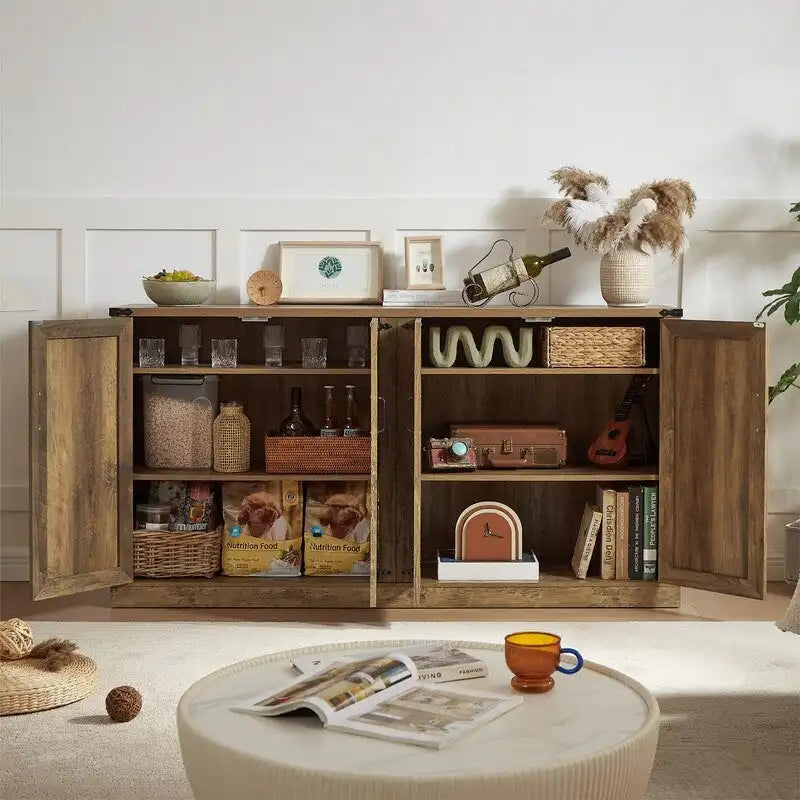 Bahut 65" à 4 portes effet rotin avec intérieur réglable à 3 niveaux