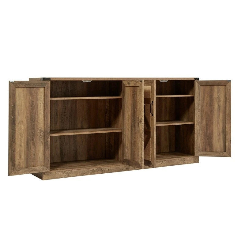 Bahut 65" à 4 portes effet rotin avec intérieur réglable à 3 niveaux