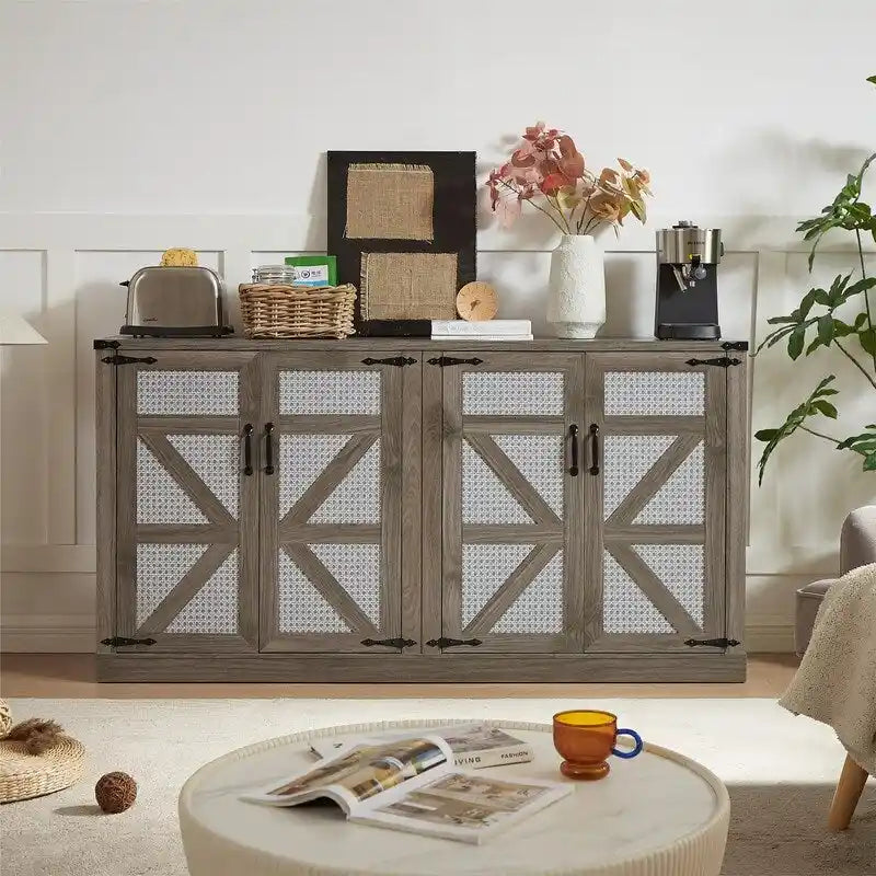 Bahut 65" à 4 portes effet rotin avec intérieur réglable à 3 niveaux