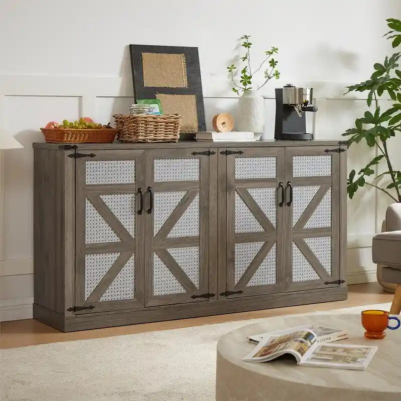 Bahut 65" à 4 portes effet rotin avec intérieur réglable à 3 niveaux
