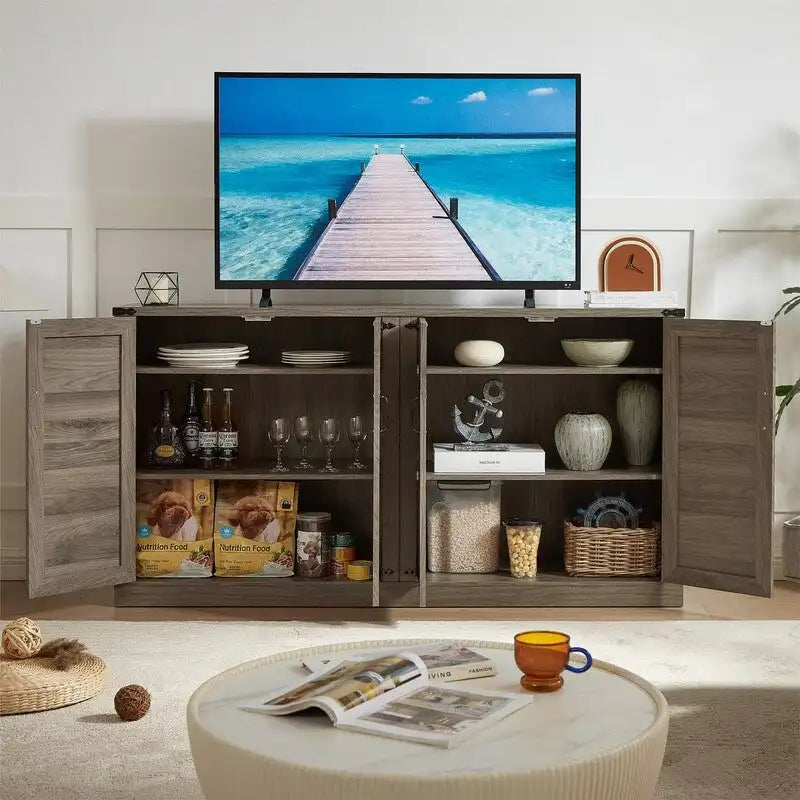 Bahut 65" à 4 portes effet rotin avec intérieur réglable à 3 niveaux
