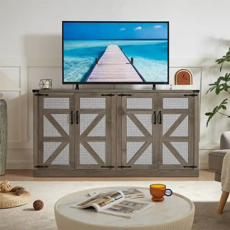 Bahut 65" à 4 portes effet rotin avec intérieur réglable à 3 niveaux