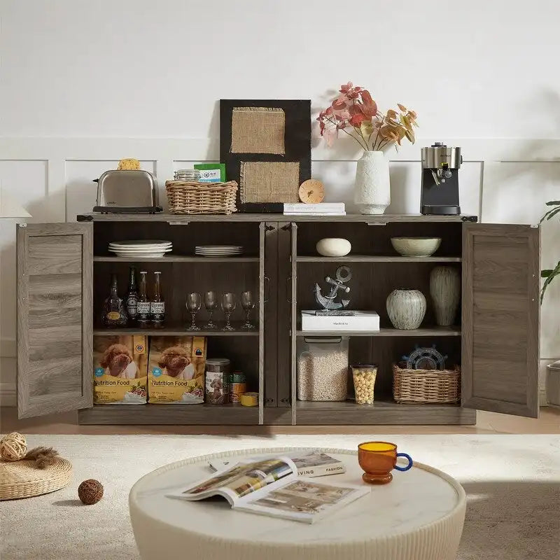Bahut 65" à 4 portes effet rotin avec intérieur réglable à 3 niveaux