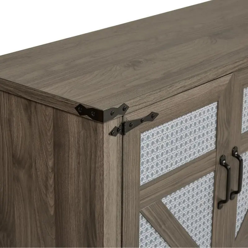 Bahut 65" à 4 portes effet rotin avec intérieur réglable à 3 niveaux