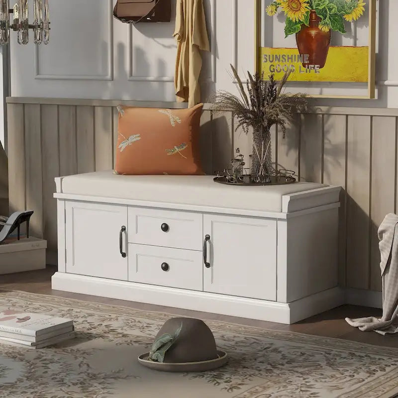 Banc de rangement d'entrée avec coussin amovible, 2 tiroirs et 2 portes d'armoire