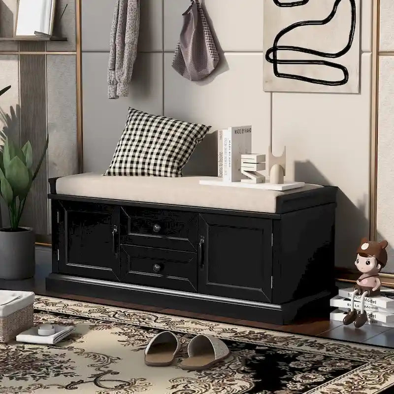 Banc de rangement d'entrée avec coussin amovible, 2 tiroirs et 2 portes d'armoire