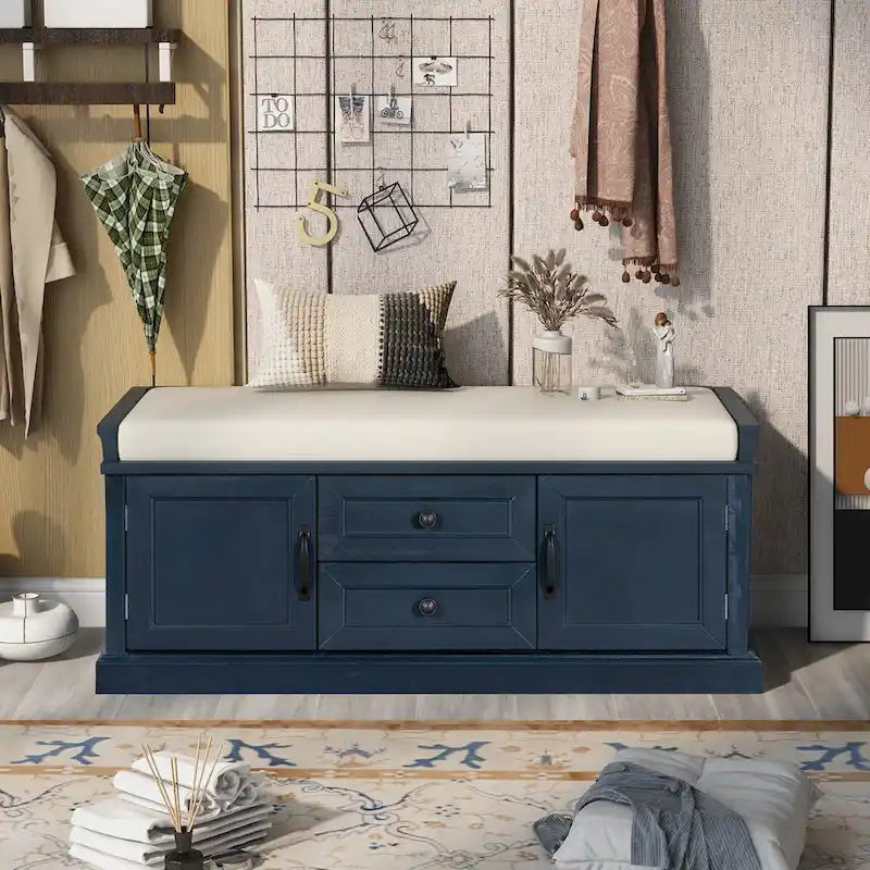 Banc de rangement d'entrée avec coussin amovible, 2 tiroirs et 2 portes d'armoire