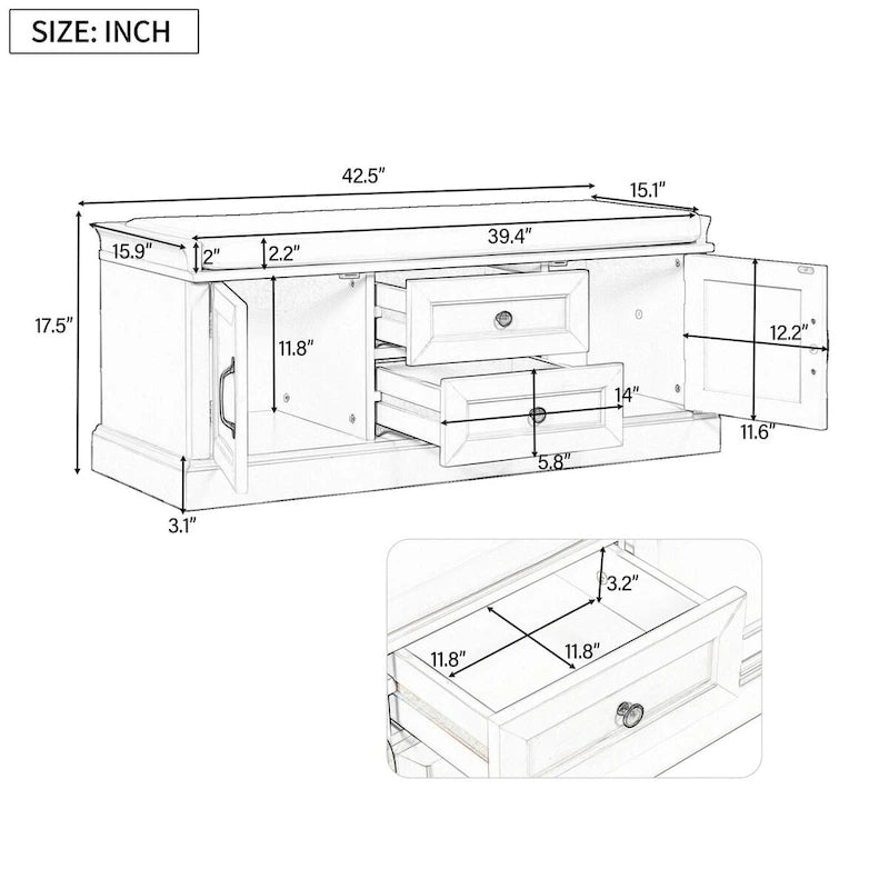 Banc de rangement d'entrée avec coussin amovible, 2 tiroirs et 2 portes d'armoire
