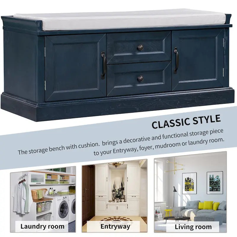 Banc de rangement d'entrée avec coussin amovible, 2 tiroirs et 2 portes d'armoire