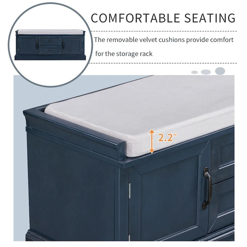 Banc de rangement d'entrée avec coussin amovible, 2 tiroirs et 2 portes d'armoire
