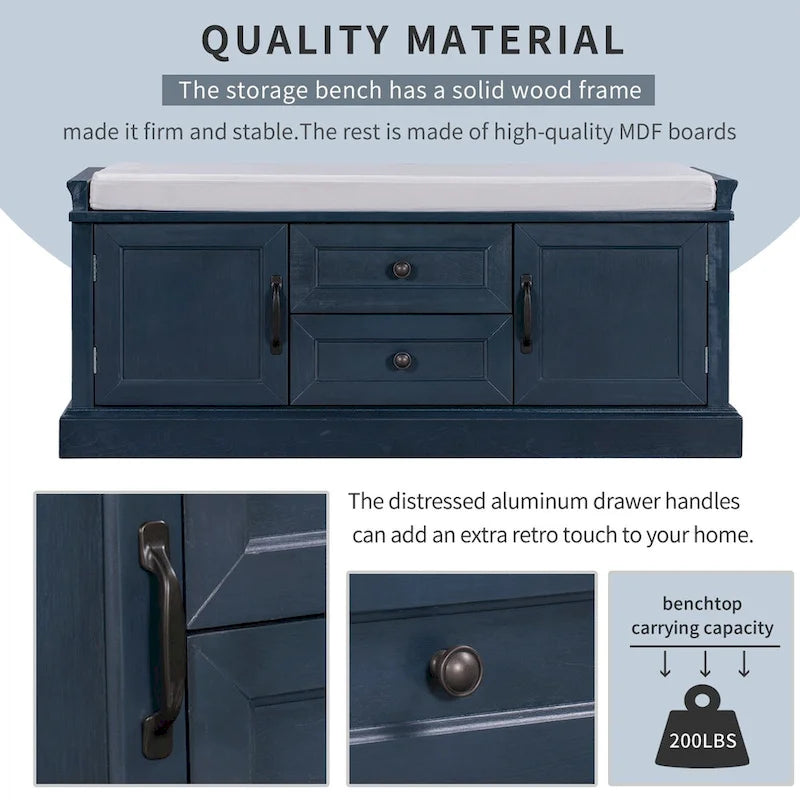 Banc de rangement d'entrée avec coussin amovible, 2 tiroirs et 2 portes d'armoire