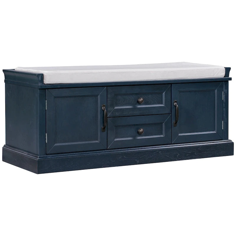 Banc de rangement d'entrée avec coussin amovible, 2 tiroirs et 2 portes d'armoire