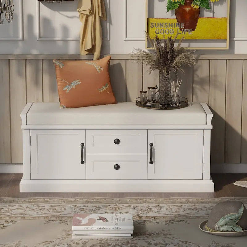 Banc de rangement d'entrée avec coussin amovible, 2 tiroirs et 2 portes d'armoire