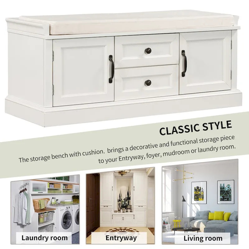 Banc de rangement d'entrée avec coussin amovible, 2 tiroirs et 2 portes d'armoire