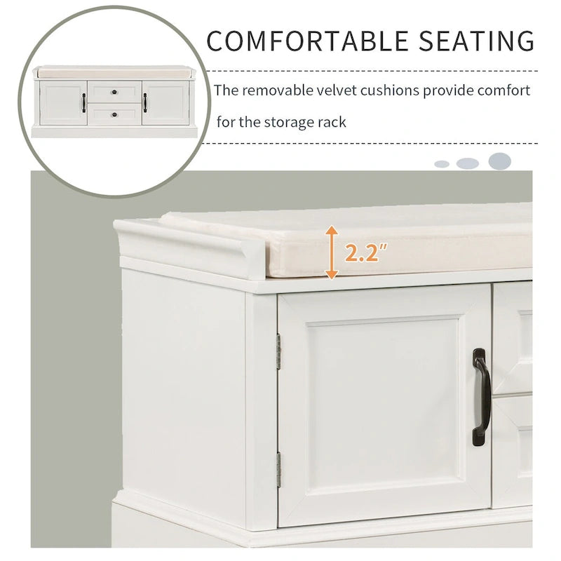 Banc de rangement d'entrée avec coussin amovible, 2 tiroirs et 2 portes d'armoire