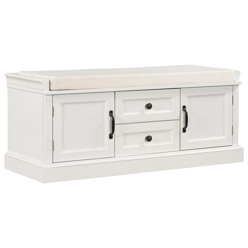 Banc de rangement d'entrée avec coussin amovible, 2 tiroirs et 2 portes d'armoire