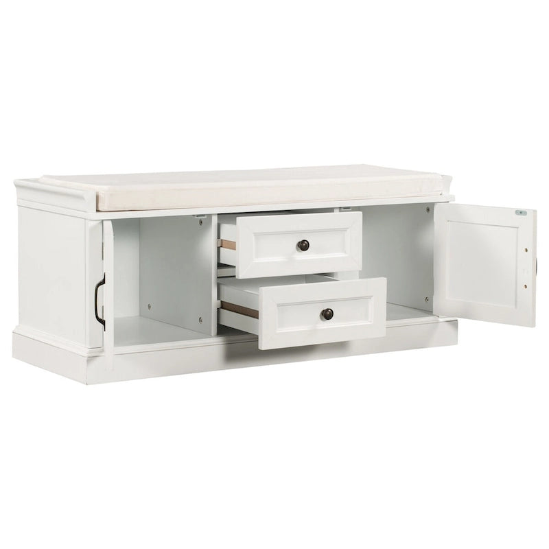 Banc de rangement d'entrée avec coussin amovible, 2 tiroirs et 2 portes d'armoire